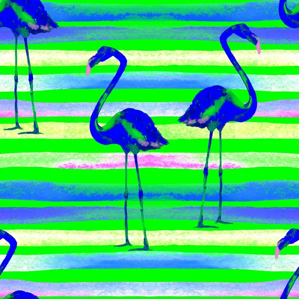 Aquarellstreifen nahtloses Muster mit Flamingo. — Stockfoto