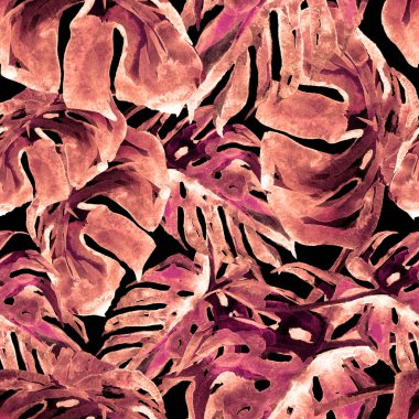 Sulu Boya Dikişsiz desen. El çizimi tropikal yaprak ve çiçek boyalı. Tropic yaz Motif Monstera desenli.