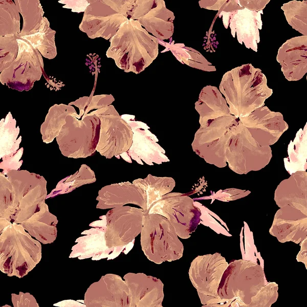 Sulu Boya Dikişsiz desen. El çizimi tropikal yaprak ve çiçek boyalı. Tropic yaz Motif Hibiscus desenli.