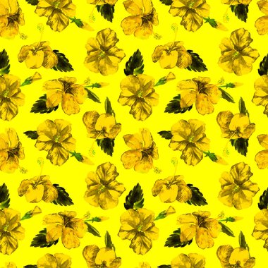 Sulu Boya Dikişsiz desen. El çizimi tropikal yaprak ve çiçek boyalı. Tropic yaz Motif Hibiscus desenli.