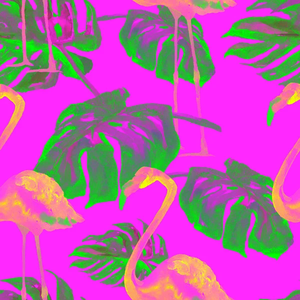 Watercolor Seamless Pattern. Hand Painted Illustration of Tropical Leaves and Flowers. Tropic Summer Motif with Tropical Pattern. — Stock Photo, Image