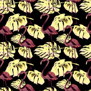 Sulu Boya Dikişsiz desen. El çizimi tropikal yaprak ve çiçek boyalı. Tropic yaz Motif tropik desenli.