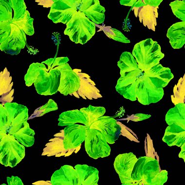 Sulu Boya Dikişsiz desen. El çizimi tropikal yaprak ve çiçek boyalı. Tropic yaz Motif Hibiscus desenli.