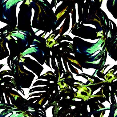 Sulu Boya Dikişsiz desen. El çizimi tropikal yaprak ve çiçek boyalı. Tropic yaz Motif Monstera desenli.