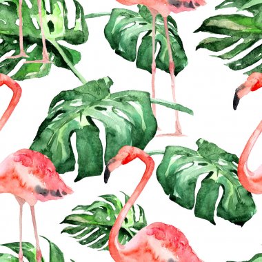 Sulu Boya Dikişsiz desen. El çizimi tropikal yaprak ve çiçek boyalı. Tropic yaz Motif tropik desenli.