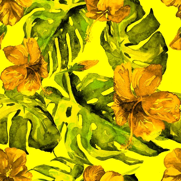 Padrão sem costura aquarela. Ilustração pintada à mão de folhas e flores tropicais. Motivo Trópico de Verão com Padrão de Hibisco . — Fotografia de Stock