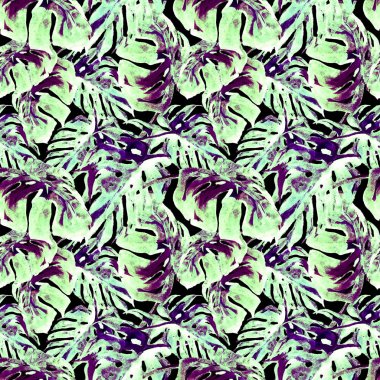 Sulu Boya Dikişsiz desen. El çizimi tropikal yaprak ve çiçek boyalı. Tropic yaz Motif Liana desenli.