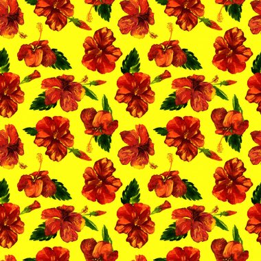 Sulu Boya Dikişsiz desen. El çizimi tropikal yaprak ve çiçek boyalı. Tropic yaz Motif Hibiscus desenli.