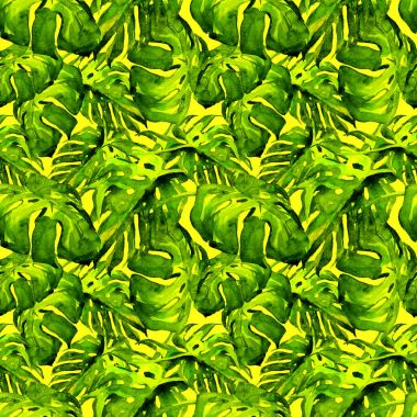 Sulu Boya Dikişsiz desen. El çizimi tropikal yaprak ve çiçek boyalı. Tropic yaz Motif Liana desenli.