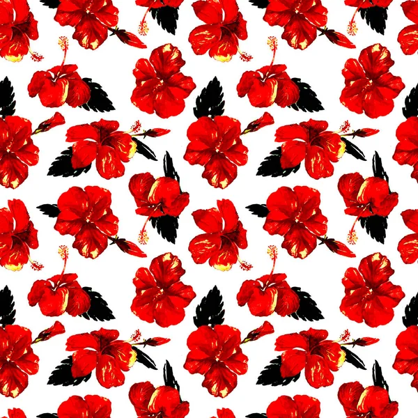 Patrón sin costura de acuarela. Ilustración pintada a mano de hojas y flores tropicales. Motivo de verano tropical con patrón de hibisco . —  Fotos de Stock