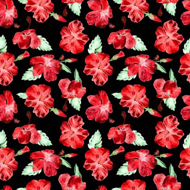 Sulu Boya Dikişsiz desen. El çizimi tropikal yaprak ve çiçek boyalı. Tropic yaz Motif Hibiscus desenli.