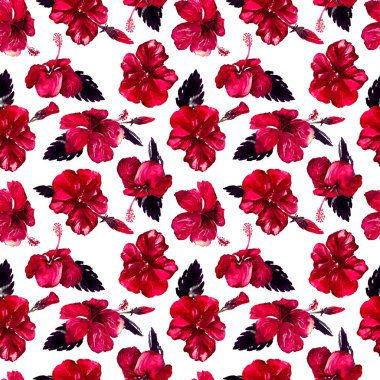 Sulu Boya Dikişsiz desen. El çizimi tropikal yaprak ve çiçek boyalı. Tropic yaz Motif Hibiscus desenli.