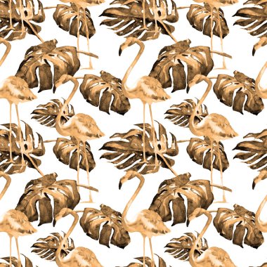 Sulu Boya Dikişsiz desen. El çizimi tropikal yaprak ve çiçek boyalı. Tropic yaz Motif tropik desenli.
