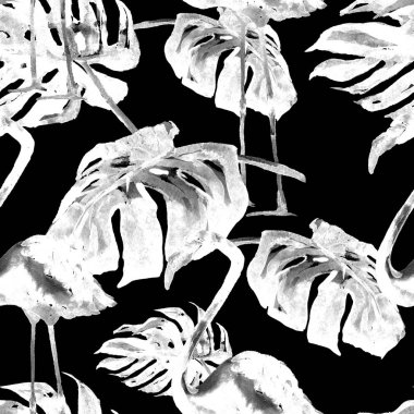 Sulu Boya Dikişsiz desen. El çizimi tropikal yaprak ve çiçek boyalı. Tropic yaz Motif tropik desenli.