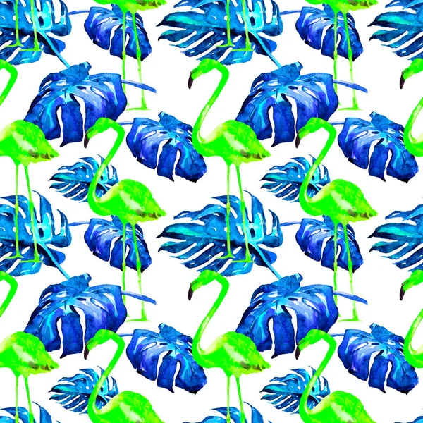 Watercolor Seamless Pattern. Hand Painted Illustration of Tropical Leaves and Flowers. Tropic Summer Motif with Tropical Pattern. — Stock Photo, Image