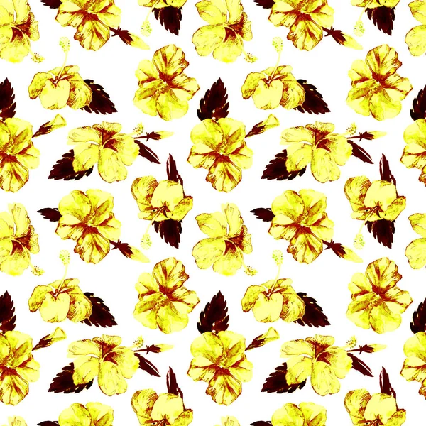 Акварель бесшовная. Ручная иллюстрация тропических листьев и цветов. Тропический летний мотив с рисунком гибискуса . — стоковое фото