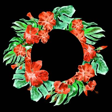 Tropikal daire çerçeve ile ebegümeci ebegümeci ve Monstera suluboya el boyalı Tropic yaz motifi.