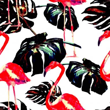 Sulu Boya Dikişsiz desen. El çizimi tropikal yaprak ve çiçek boyalı. Tropic yaz Motif tropik desenli.