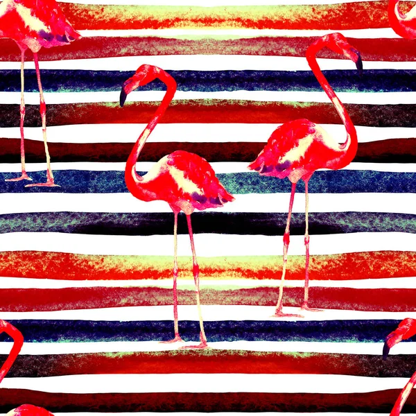 Watercolor Stripes Seamless Pattern with Flamingo.