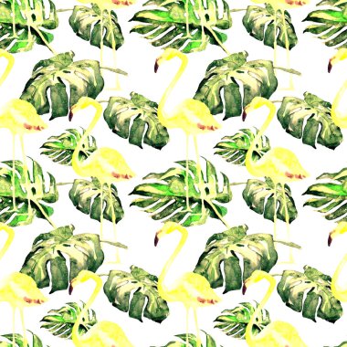 Sulu Boya Dikişsiz desen. El çizimi tropikal yaprak ve çiçek boyalı. Tropic yaz Motif tropik desenli.