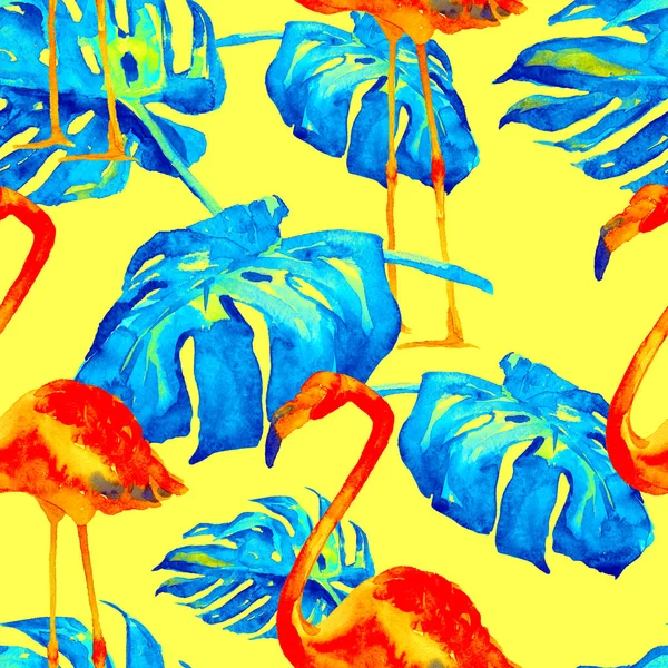 Akwarela bezszwowe wzór. Ręcznie malowane ilustracja tropikalny liści i kwiatów. Zwrotnik lato motyw z wzorem tropikalnej. — Zdjęcie stockowe