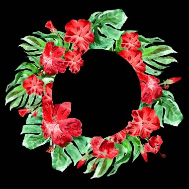 Tropikal daire çerçeve ile ebegümeci ebegümeci ve Monstera suluboya el boyalı Tropic yaz motifi.