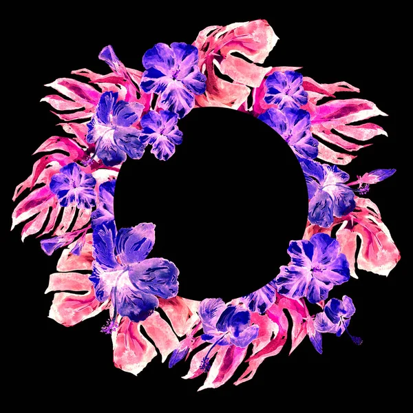 Tropikalnych koło rama z hibiskusa i akwarela Monstera ręcznie malowane zwrotnik lato motyw z hibiskusa. — Zdjęcie stockowe