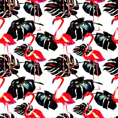 Sulu Boya Dikişsiz desen. El çizimi tropikal yaprak ve çiçek boyalı. Tropic yaz Motif tropik desenli.