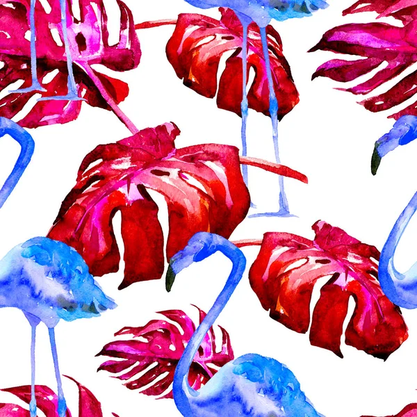 Patrón sin costura de acuarela. Ilustración pintada a mano de hojas y flores tropicales. Motivo de verano tropical con patrón tropical . —  Fotos de Stock