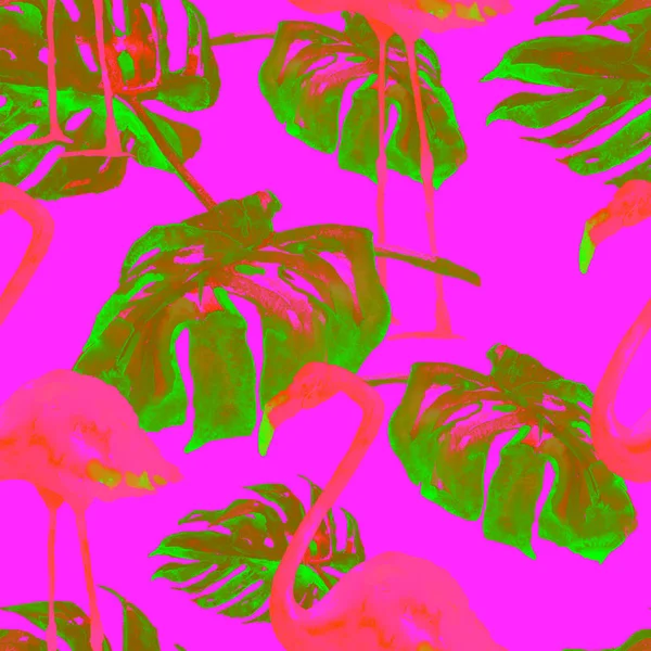 Watercolor Seamless Pattern. Hand Painted Illustration of Tropical Leaves and Flowers. Tropic Summer Motif with Tropical Pattern. — Stock Photo, Image