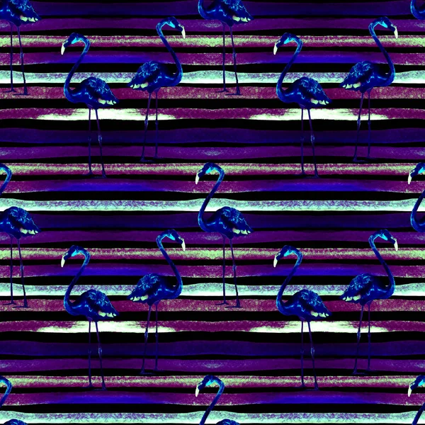 Zomer strand achtergrond. Aquarel naadloze patroon. Handgeschilderde Tropic zomer motief met Flamingo en Stripe — Stockfoto