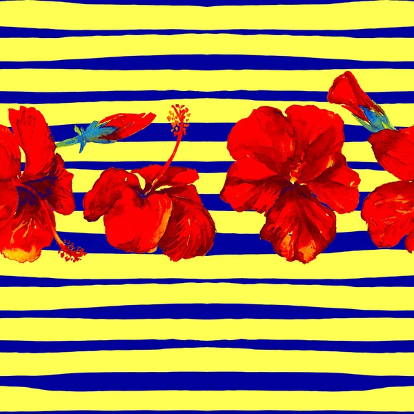 Sommer Strand Hintergrund. Aquarell nahtloses Muster. handbemaltes tropisches Sommermotiv mit Hibiskus und Streifen — Stockfoto