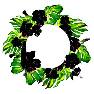 Tropikal daire çerçeve ile ebegümeci ebegümeci ve Monstera suluboya el boyalı Tropic yaz motifi.