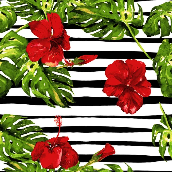 Summer Beach Background. Watercolor Seamless Pattern. Hand Painted Tropic Summer Motif with Monstera and Hibiscus — Stock Photo, Image