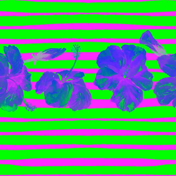 Nyáron strand háttér. Akvarell Seamless Pattern. Kézzel festett trópusi nyári motívum, a hibiszkusz és a csík — Stock Fotó
