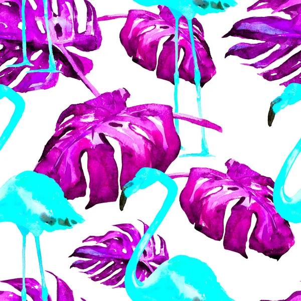 Watercolor Seamless Pattern. Hand Painted Illustration of Tropical Leaves and Flowers. Tropic Summer Motif with Tropical Pattern. — Stock Photo, Image