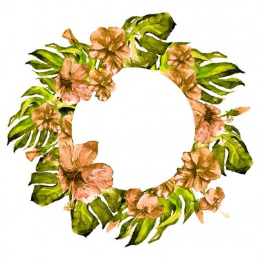 Tropikal daire çerçeve ile ebegümeci ebegümeci ve Monstera suluboya el boyalı Tropic yaz motifi.