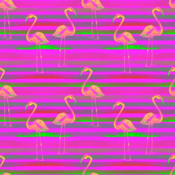 Summer Beach Background. Watercolor Seamless Pattern. Hand Painted Tropic Summer Motif with Flamingo and Stripe