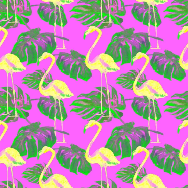 Акварель Безшовний візерунок. Ручна розписана ілюстрація тропічних листя і квітів. Тропічний літній мотив з тропічним візерунком . — стокове фото