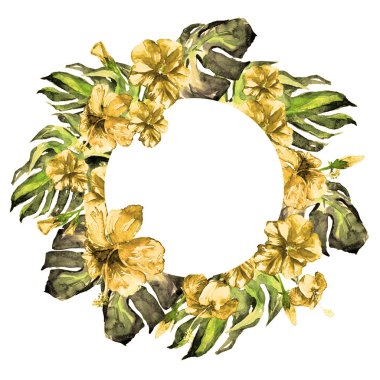 Tropikal daire çerçeve ile ebegümeci ebegümeci ve Monstera suluboya el boyalı Tropic yaz motifi.