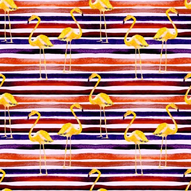 Yaz plaj arka plan. Sulu Boya Dikişsiz desen. El Tropic yaz Motif Flamingo ve şerit ile boyalı