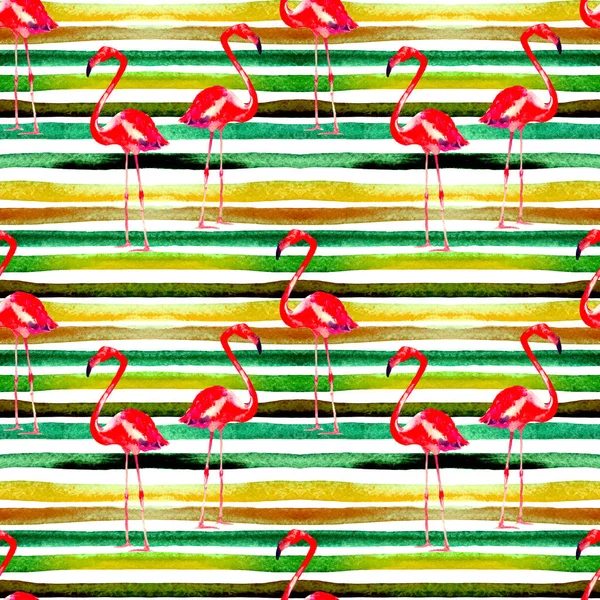 Summer Beach Background. Watercolor Seamless Pattern. Hand Painted Tropic Summer Motif with Flamingo and Stripe — Stock Photo, Image