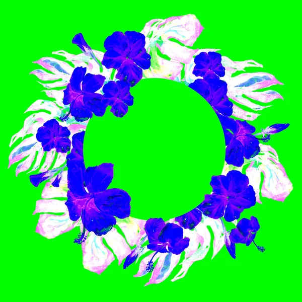 Τροπικό κύκλο πλαίσιο με ιβίσκους και ακουαρέλα Μονστέρα χέρι ζωγραφισμένα Tropic καλοκαίρι μοτίβο με Ιβίσκος. — Φωτογραφία Αρχείου