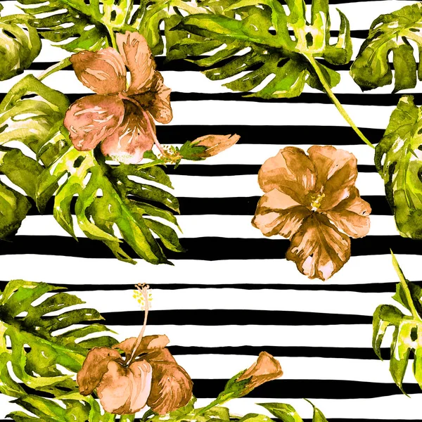 Summer Beach Background. Motif sans couture aquarelle. Motif d'été tropical peint à la main avec Monstera et Hibiscus — Photo