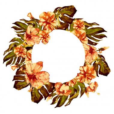 Tropikal daire çerçeve ile ebegümeci ebegümeci ve Monstera suluboya el boyalı Tropic yaz motifi.