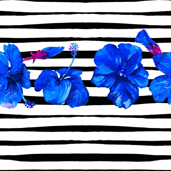 Summer Beach Background. Motif sans couture aquarelle. Motif d'été tropical peint à la main avec hibiscus et rayures — Photo