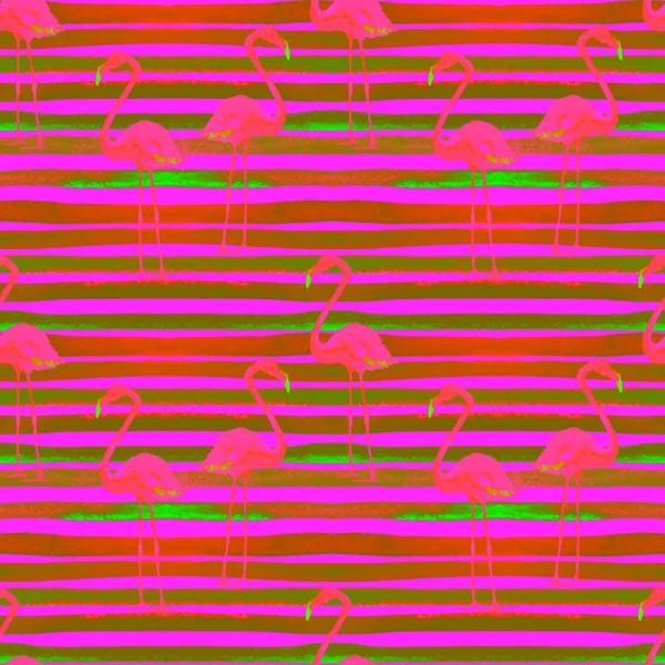 Summer Beach tło. Akwarela bezszwowe wzór. Ręcznie malowane zwrotnik lato motyw z Flamingo i pasek — Zdjęcie stockowe