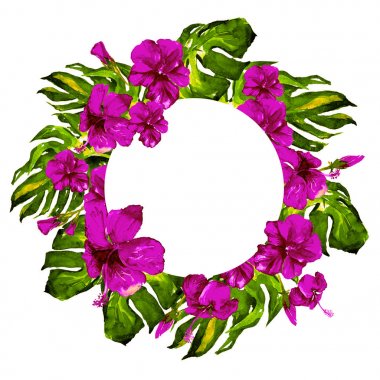 Tropikal daire çerçeve ile ebegümeci ebegümeci ve Monstera suluboya el boyalı Tropic yaz motifi.