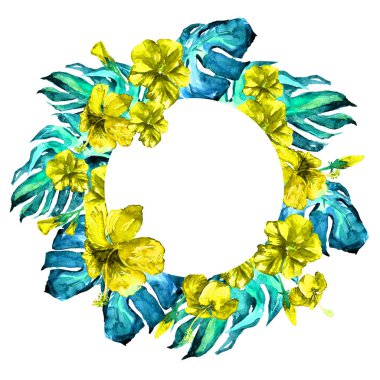 Tropikal daire çerçeve ile ebegümeci ebegümeci ve Monstera suluboya el boyalı Tropic yaz motifi.