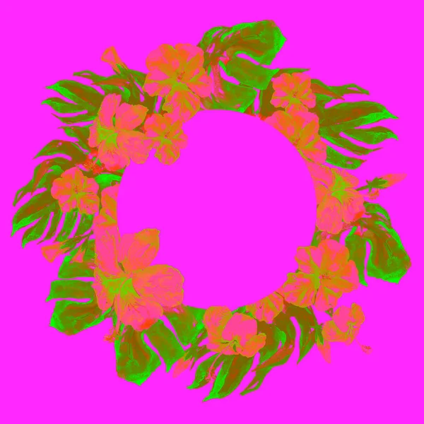 Tropikalnych koło rama z hibiskusa i akwarela Monstera ręcznie malowane zwrotnik lato motyw z hibiskusa. — Zdjęcie stockowe